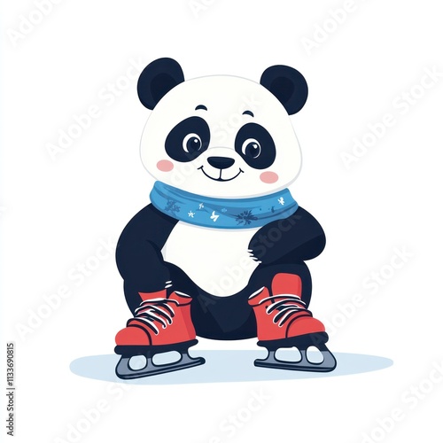 Adorable panda wearing winter scarf and ice skates. photo