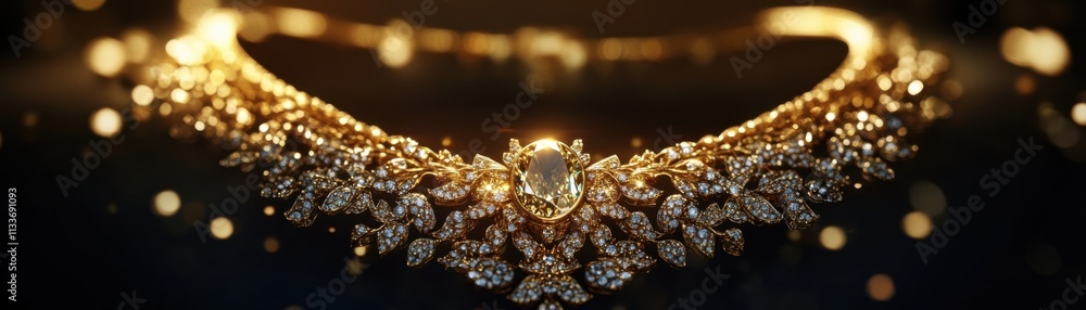 Golden necklace, large gem, dark background Golden necklace, large gem, dark background