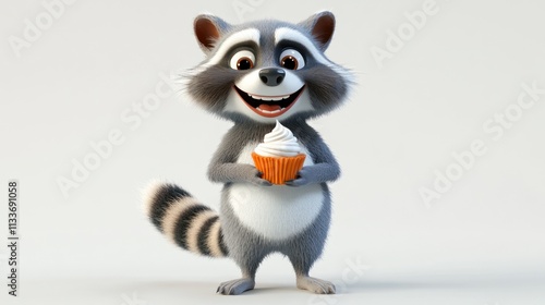 Happy cartoon raccoon holding cupcake. (1)