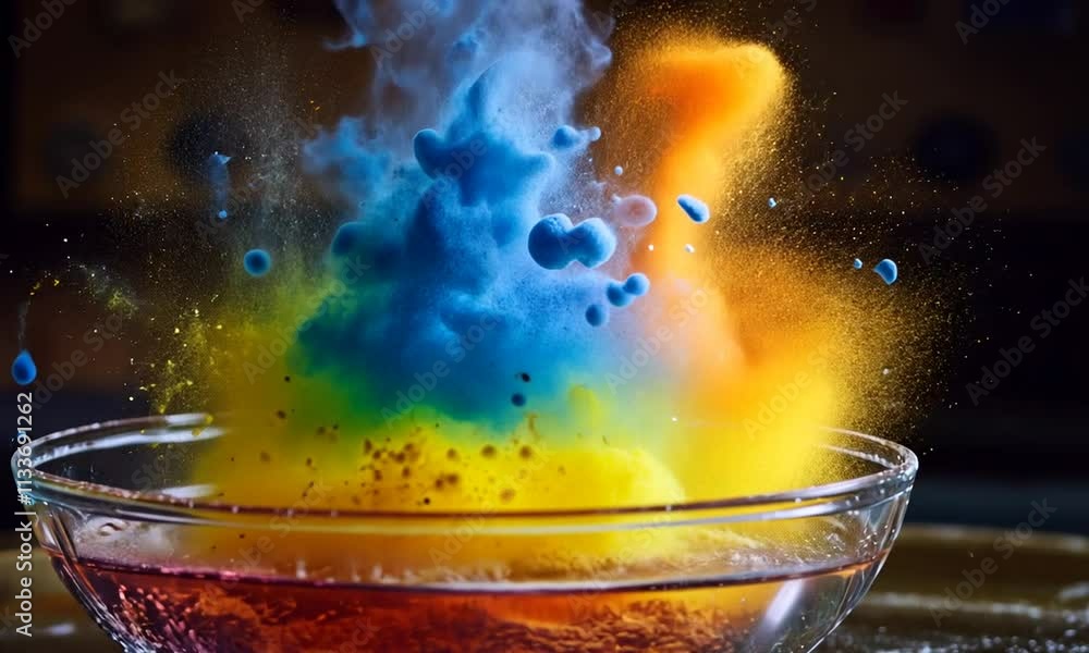 Vibrant Color Explosion in a Glass Bowl: A Captivating Macro Photography of a Colorful Chemical Reaction Vibrant Color Explosion in a Glass Bowl: A Captivating Macro Photography of a Colorful Chemical Reaction