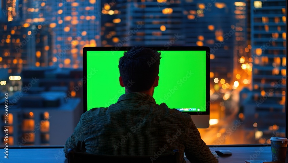 Man working late at night on computer with green screen, city view. (1) Man working late at night on computer with green screen, city view. (1)