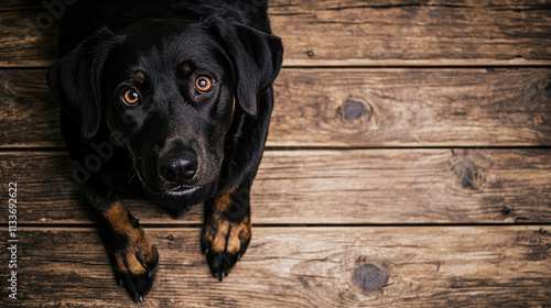 Black dog lying on wooden floor looking directly at the camera with curious expression
