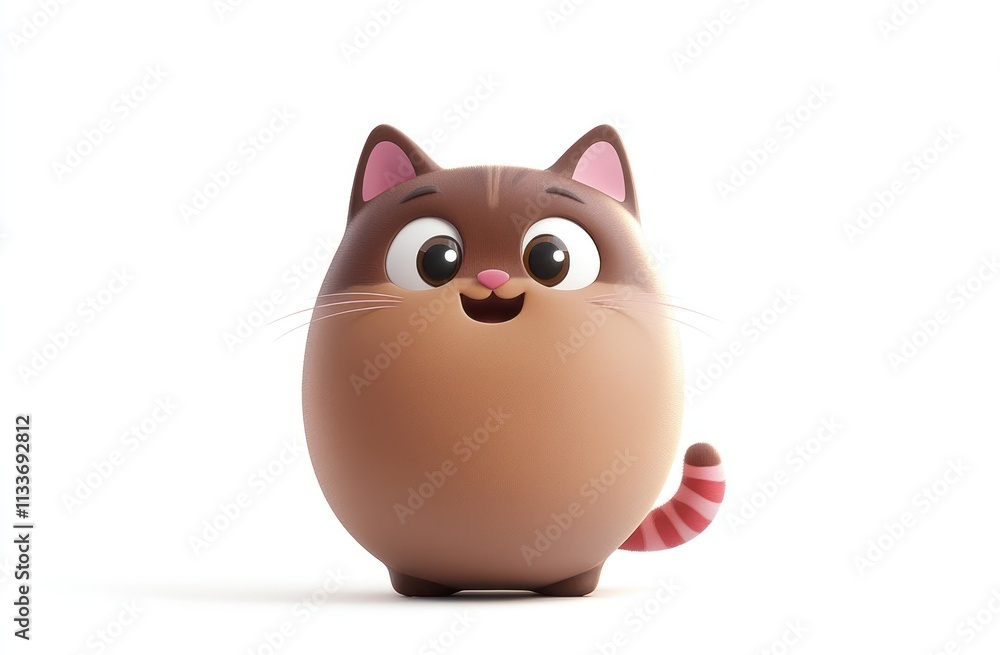 Adorable 3D rendering of a chubby brown cat with pink ears and a striped tail, isolated on white background. Adorable 3D rendering of a chubby brown cat with pink ears and a striped tail, isolated on white background.