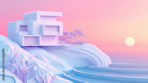 A serene scene of a futuristic house with a rooftop garden, located on the edge of a cliff overlooking a vast ocean, under a pastel sunset sky photo