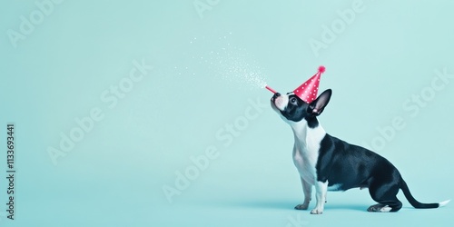 Festive Boston Terrier puppy wearing a party hat and blowing a party blower against a light blue background. photo