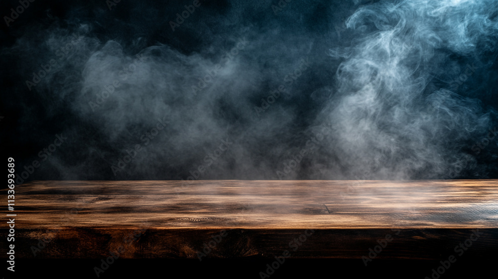 Smoke billows over a dark wooden surface creating a mysterious atmosphere indoors Smoke billows over a dark wooden surface creating a mysterious atmosphere indoors