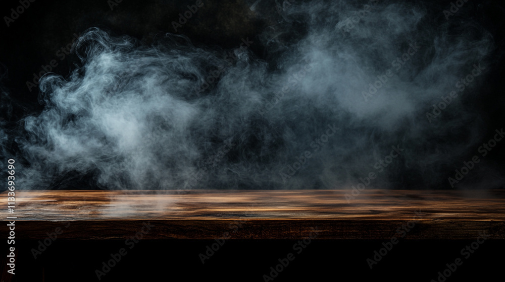 Smoke billowing over a wooden surface creates a mysterious atmosphere in low light Smoke billowing over a wooden surface creates a mysterious atmosphere in low light