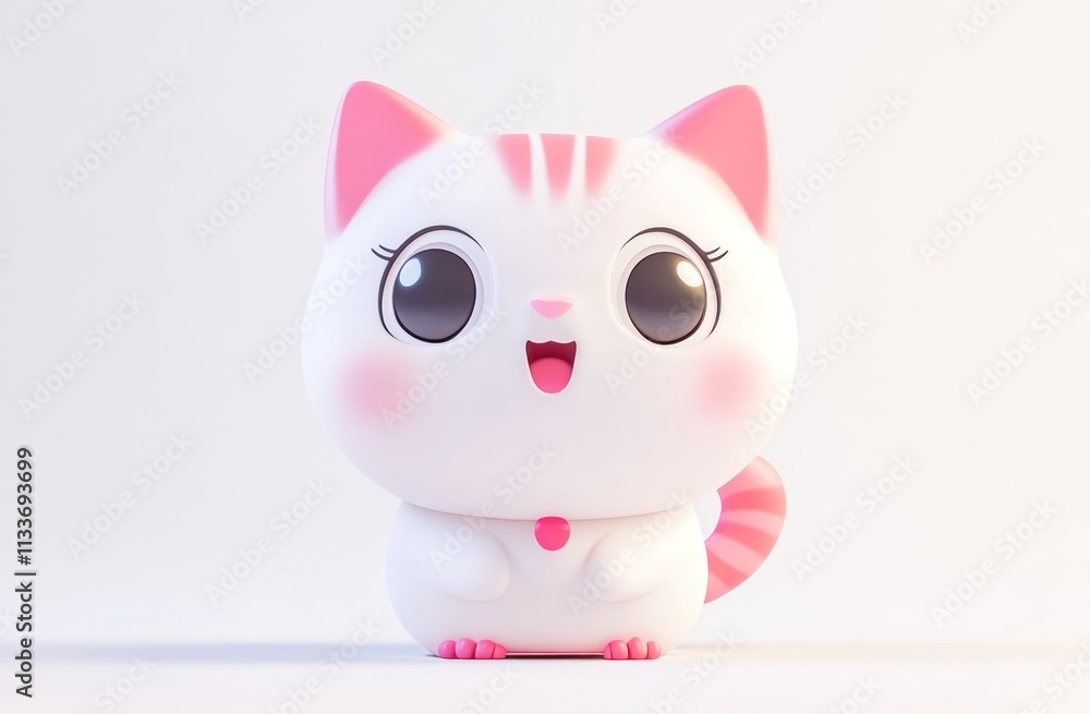 Adorable 3D rendered cartoon cat with pink ears and tail, sitting on white background. Adorable 3D rendered cartoon cat with pink ears and tail, sitting on white background.