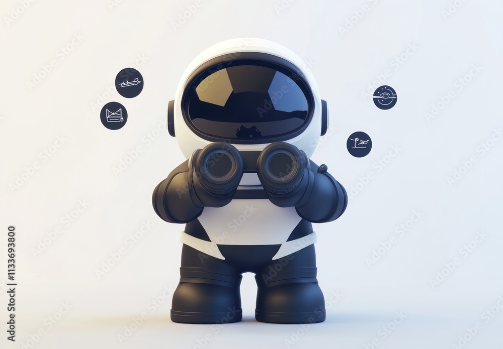 Cute astronaut robot using binoculars, exploring data icons. Cute astronaut robot using binoculars, exploring data icons.