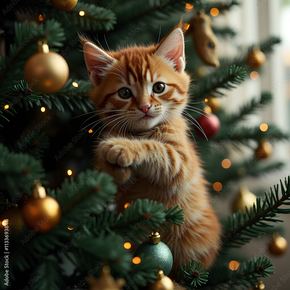 Obraz premium A mischievous cat celebrating Christmas climbing, high detailed, 4K, ready to add your text