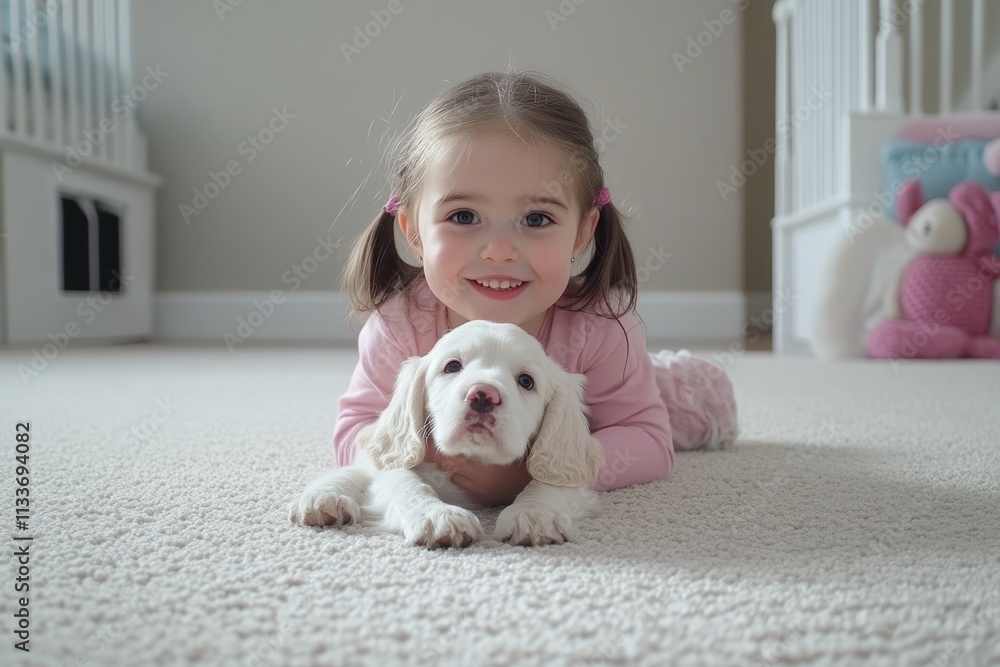 Happy toddler girl cuddling adorable white puppy on carpet. Happy toddler girl cuddling adorable white puppy on carpet.