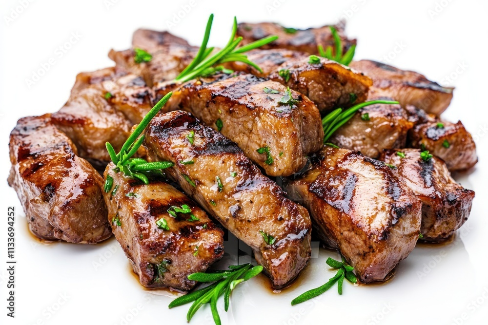 Grilled pork pieces with rosemary garnish on white background. Grilled pork pieces with rosemary garnish on white background.