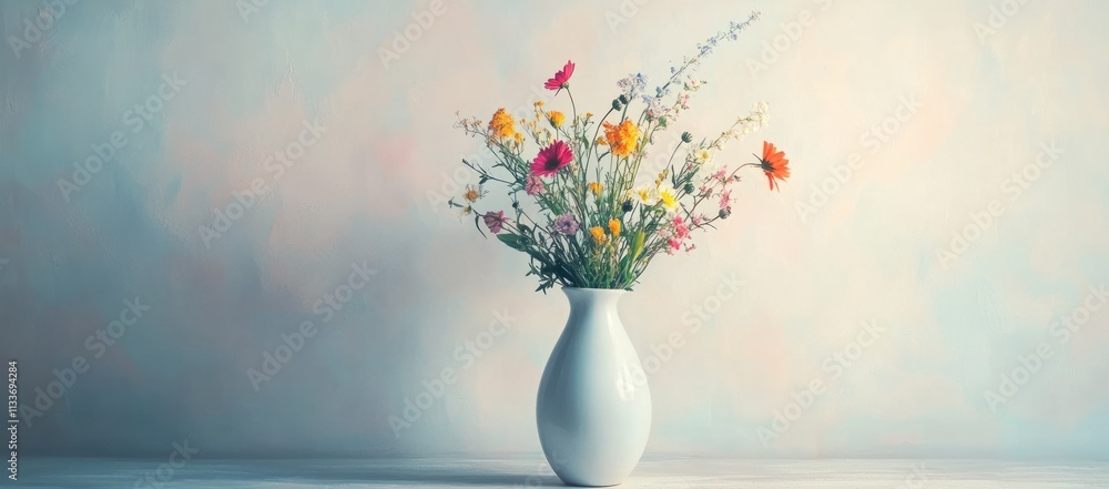 Colorful wildflowers in a white vase against a pastel background. Colorful wildflowers in a white vase against a pastel background.