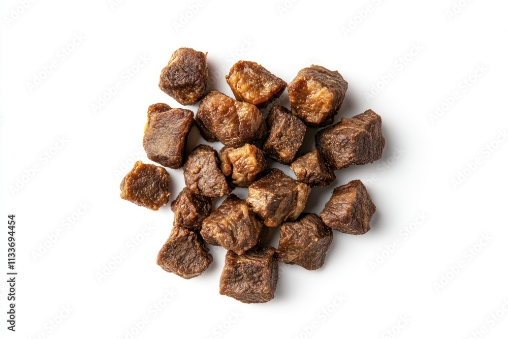 Close-up of small, dark brown, cube-shaped beef jerky pieces on a white background. Close-up of small, dark brown, cube-shaped beef jerky pieces on a white background.