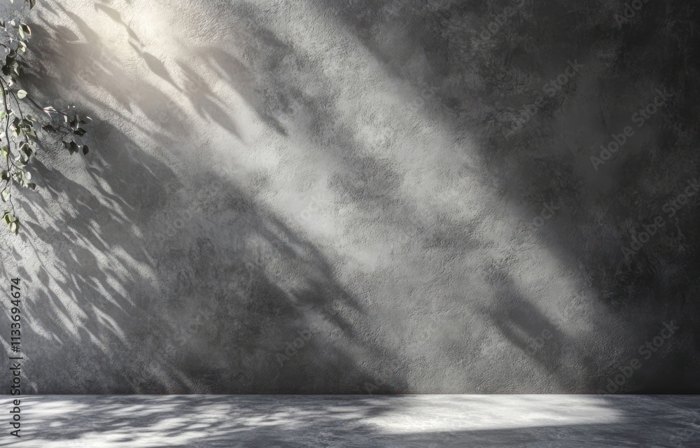 Sunlit grey concrete wall with plant shadows. Sunlit grey concrete wall with plant shadows.
