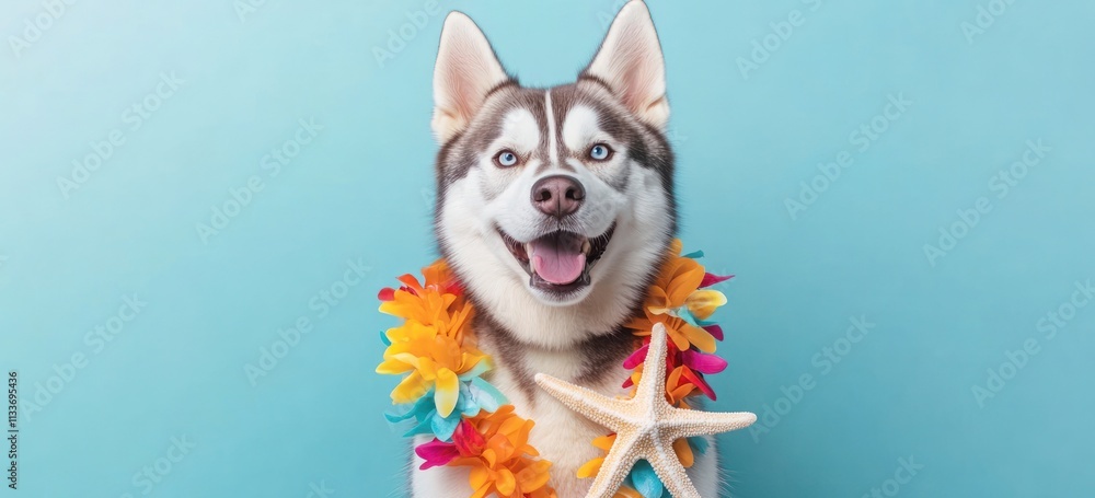 Happy husky dog wearing a lei and holding a starfish against a blue background. Happy husky dog wearing a lei and holding a starfish against a blue background.