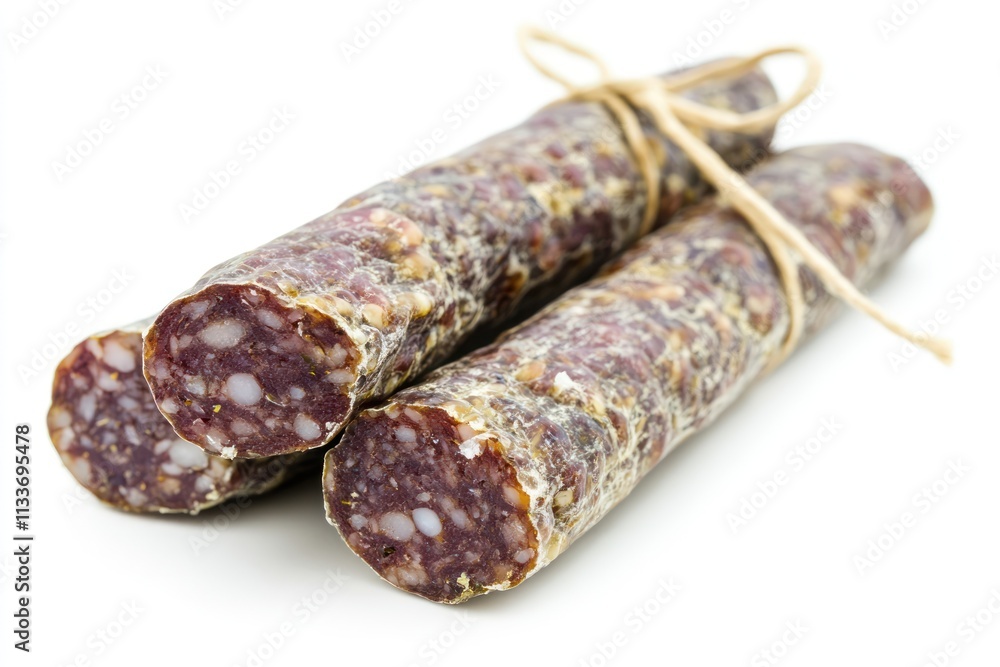Two dry cured sausages tied with twine, close-up. Two dry cured sausages tied with twine, close-up.