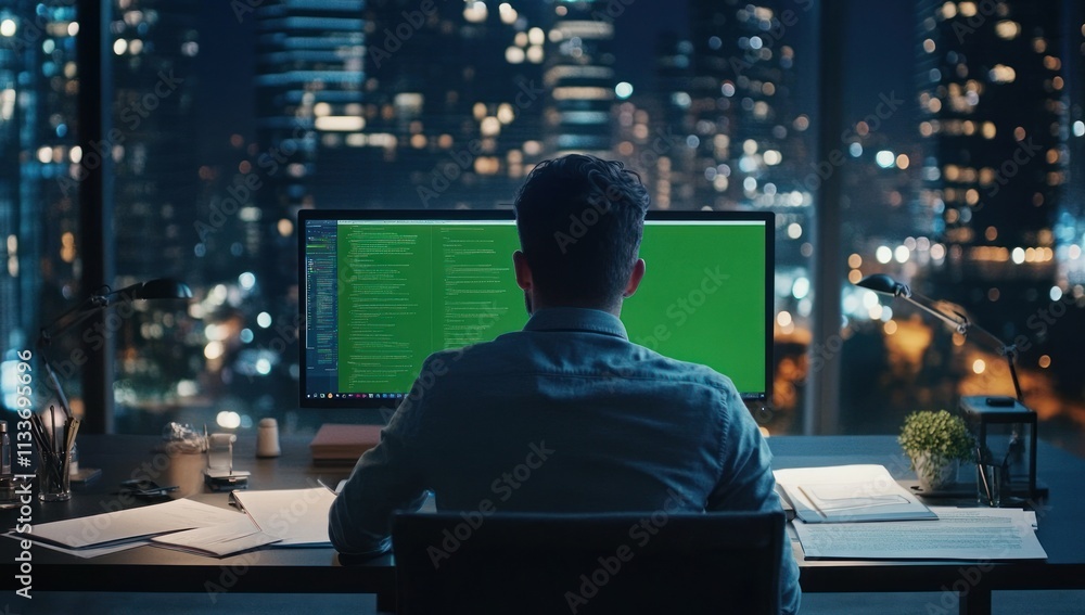 Man working late at night in front of a computer with a green screen, overlooking a city skyline. Man working late at night in front of a computer with a green screen, overlooking a city skyline.