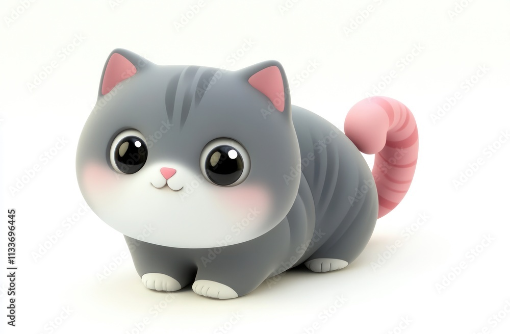 Adorable 3D rendered grey kitten with big eyes and pink tail, sitting on white background. Adorable 3D rendered grey kitten with big eyes and pink tail, sitting on white background.