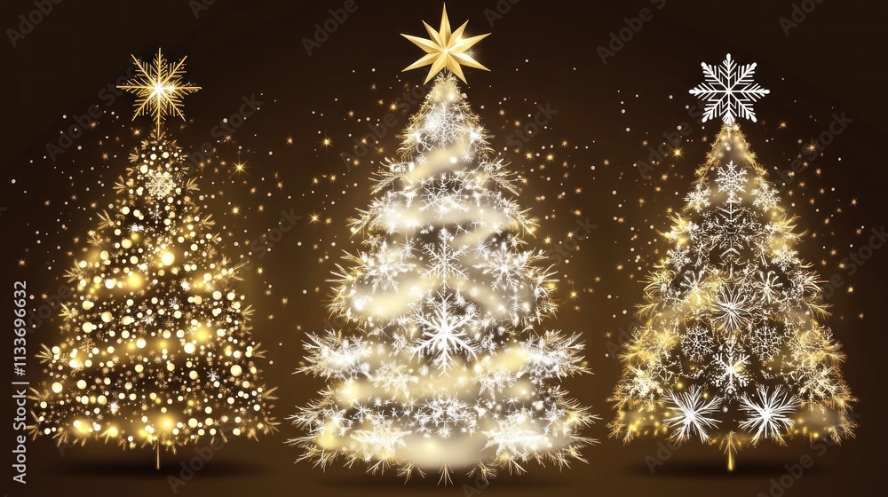 Three Sparkling Golden Christmas Trees Glowing Brightly Three Sparkling Golden Christmas Trees Glowing Brightly