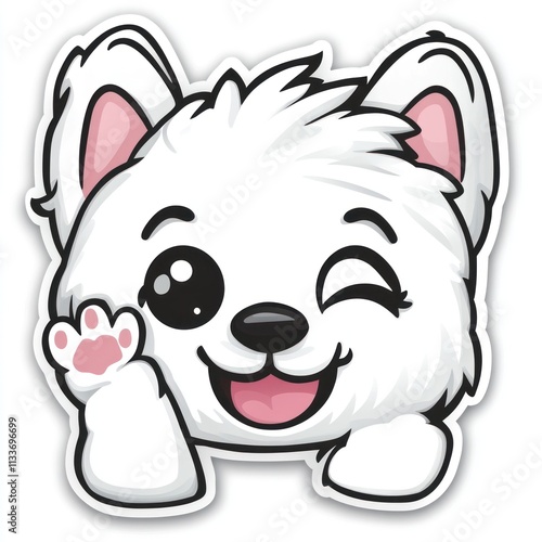 Adorable white puppy cartoon character winking and waving paw.