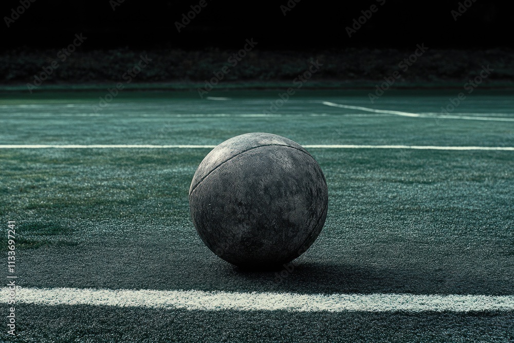 Worn medicine ball sits on a dark green field. Worn medicine ball sits on a dark green field.