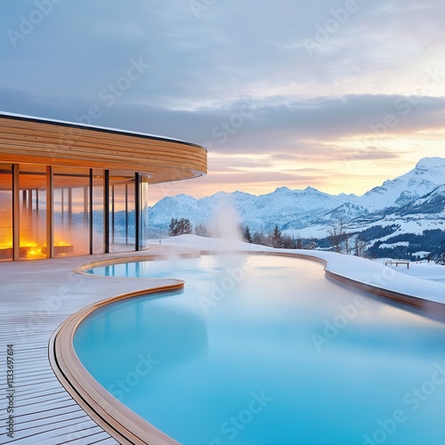 Mountain spa with steaming pools and snowy sunset views