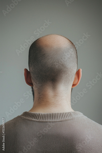 balding man from behind isolated on plain gray wall studio background