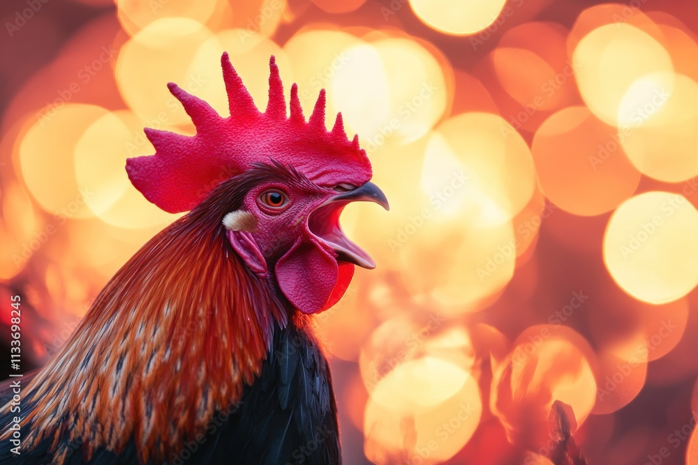 Close-up of a rooster crowing against a bokeh background. Close-up of a rooster crowing against a bokeh background.