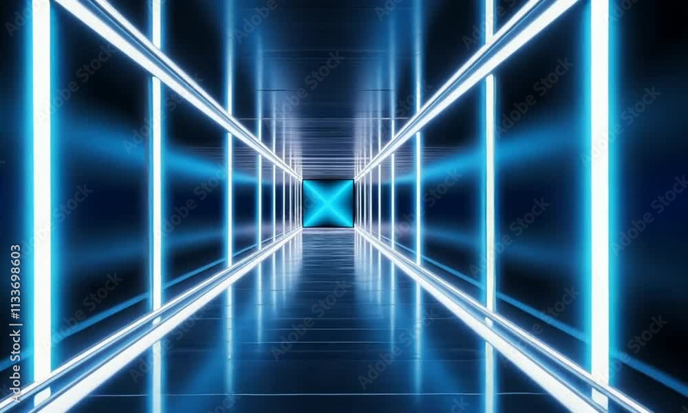 A futuristic corridor illuminated by blue neon lights, creating a surreal atmosphere. A futuristic corridor illuminated by blue neon lights, creating a surreal atmosphere.