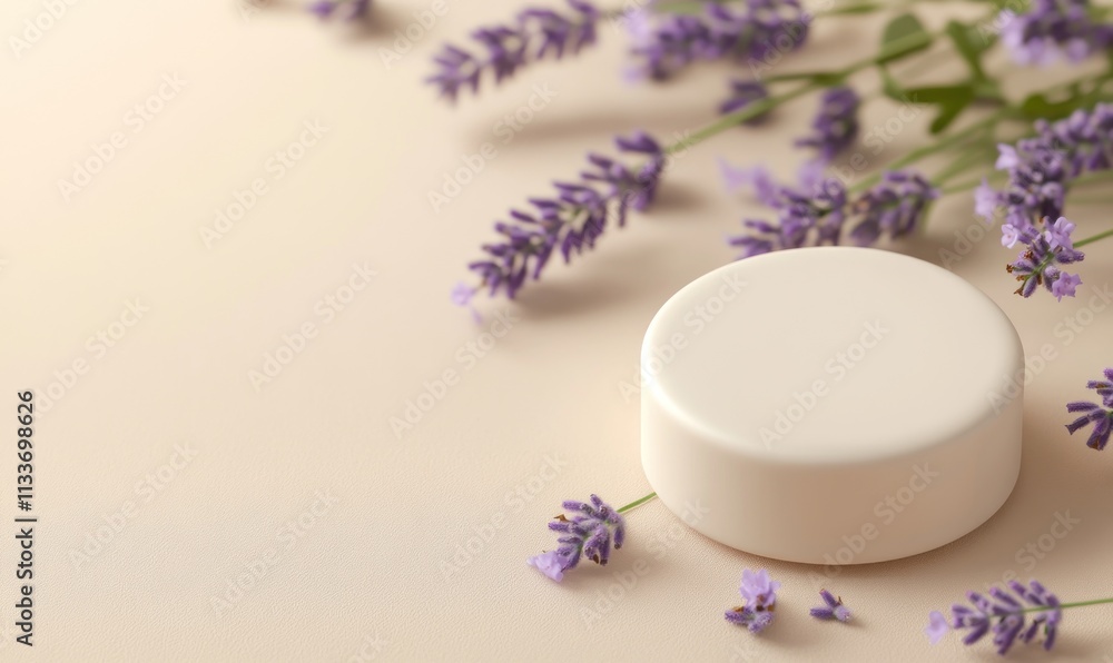 Round soap bar with lavender flowers on beige background. Round soap bar with lavender flowers on beige background.