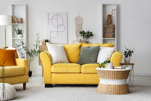 Bright yellow sofa and armc...