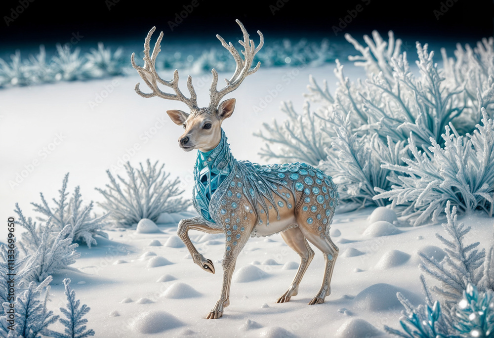 whimsical blue deer made of crystals playing in the ice forest, shiny and delicate pearls - generated by ai whimsical blue deer made of crystals playing in the ice forest, shiny and delicate pearls - generated by ai
