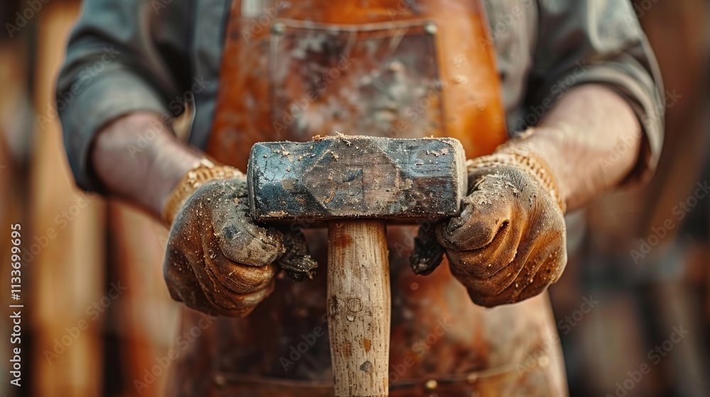 Close-up of a blacksmith holding a heavy hammer. Close-up of a blacksmith holding a heavy hammer.