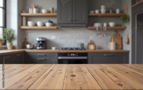 A wooden table top on a blurred background of a kitchen counter (room).