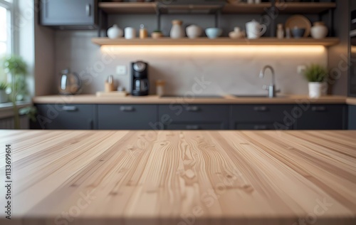 A wooden table top on a blurred background of a kitchen counter (room).
