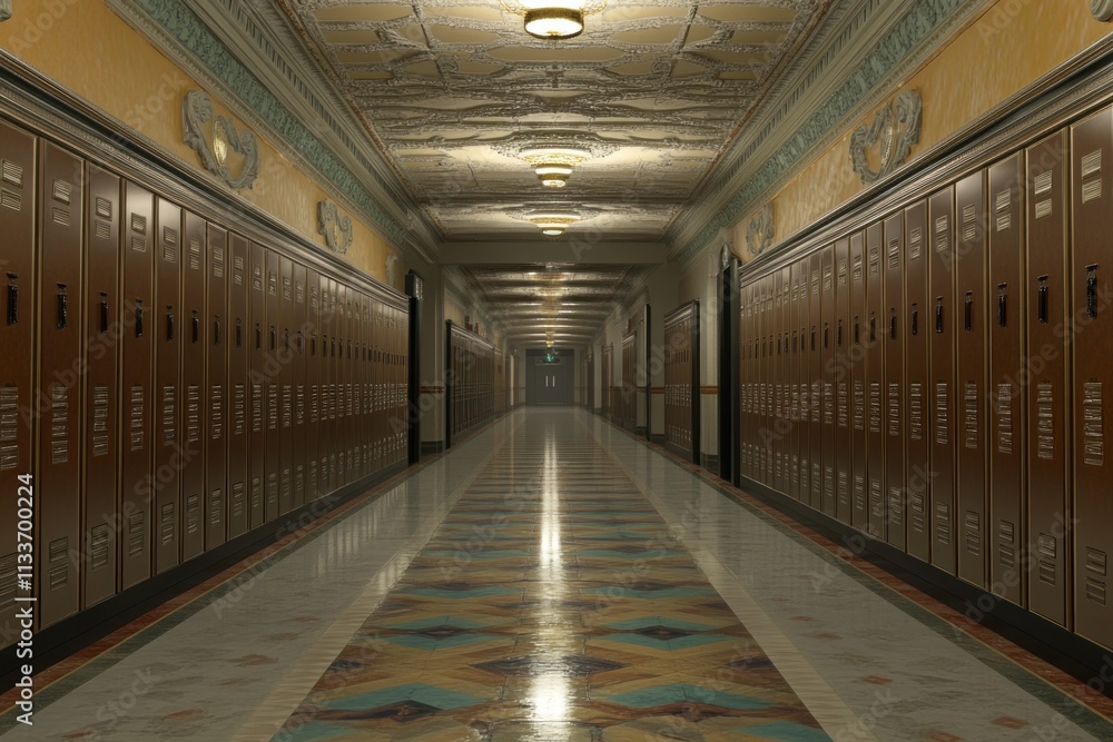 Long empty school hallway with lockers and tiled floor. Long empty school hallway with lockers and tiled floor.