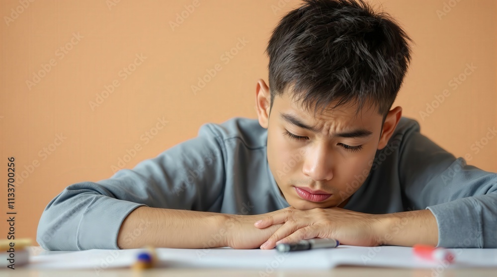 Serious boy leaning on desk, looking frustrated, surrounded by books, reflecting study challenges, ideal for academic campaigns. Serious boy leaning on desk, looking frustrated, surrounded by books, reflecting study challenges, ideal for academic campaigns.