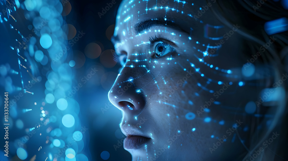 Abstract Digital Face: Glowing Network on a Woman's Profile, Futuristic Concept Abstract Digital Face: Glowing Network on a Woman's Profile, Futuristic Concept