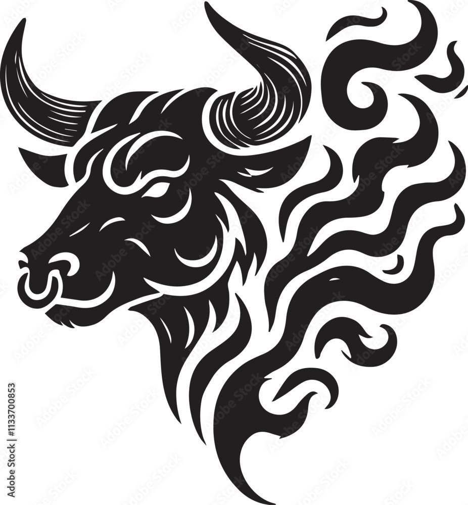 A bull head silhouette with a flame pattern in the horns vector black A bull head silhouette with a flame pattern in the horns vector black