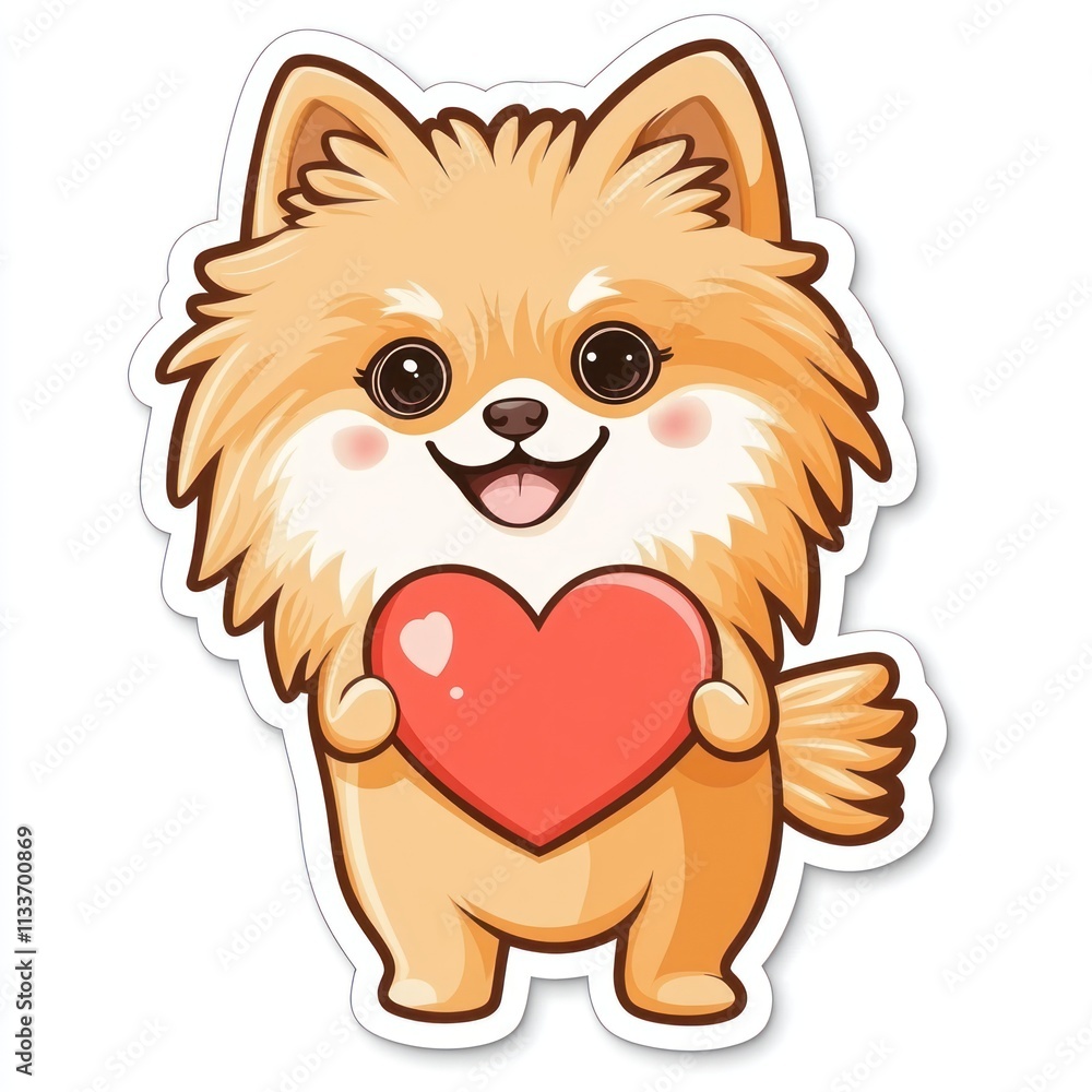 Cute cartoon Pomeranian dog holding a heart. Cute cartoon Pomeranian dog holding a heart.