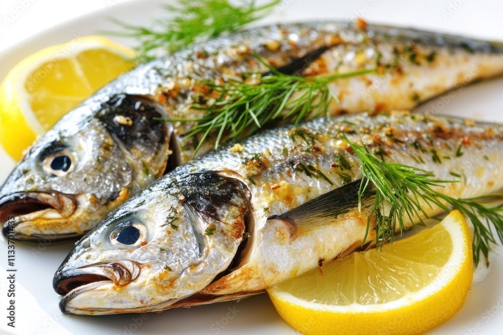 Two grilled sea bass fillets with lemon and dill garnish on a white plate. Two grilled sea bass fillets with lemon and dill garnish on a white plate.