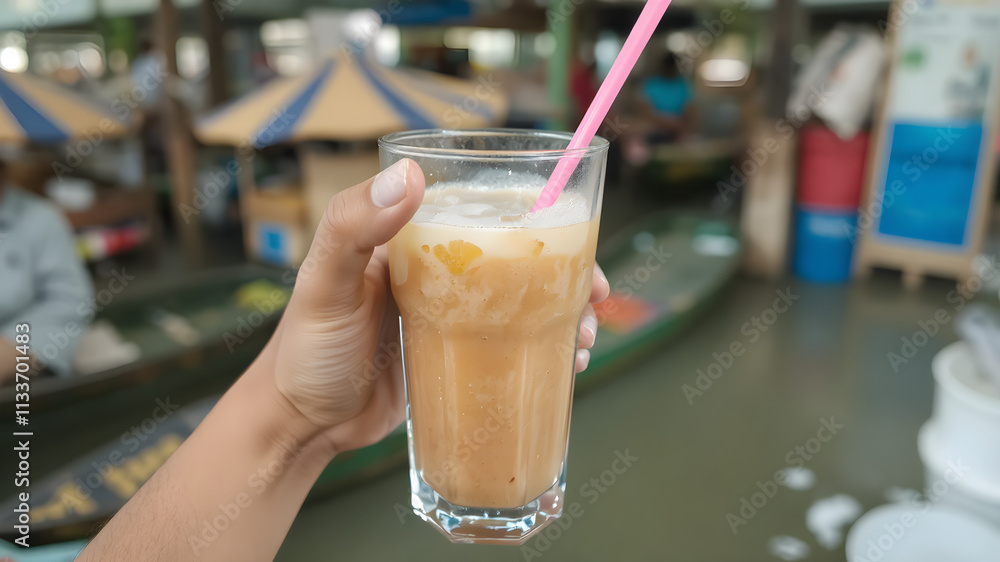 A hand lifting a glass of Thai iced tea with a straw, blurred floating market in the background A hand lifting a glass of Thai iced tea with a straw, blurred floating market in the background
