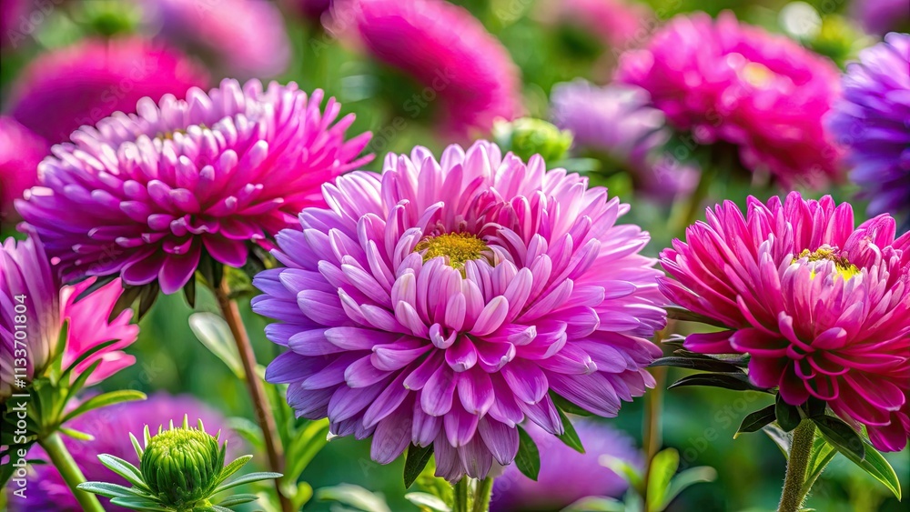 Close-up of vibrant pink and violet China asters blooming in a summer garden. Close-up of vibrant pink and violet China asters blooming in a summer garden.