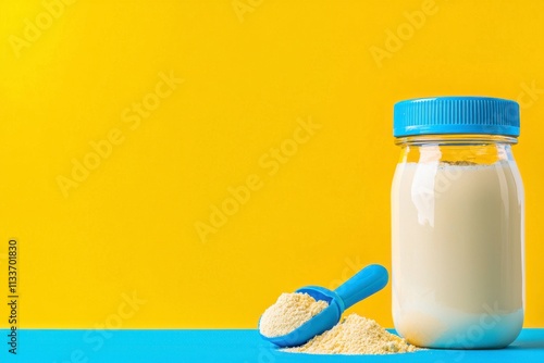 jar of powdered milk with blue lid and scoop on vibrant yellow background. image conveys freshness and nutrition, ideal for health related content photo