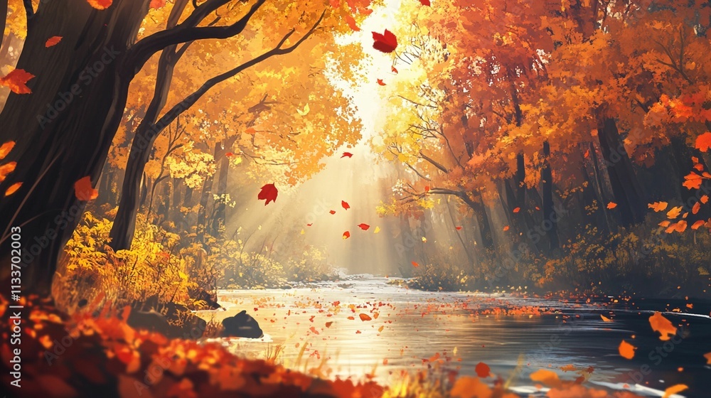 Fototapeta premium a river flowing through a dense forest in the peak of autumn