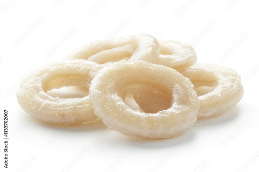 Close-up of several canned, white onion rings, isolated on white background. Close-up of several canned, white onion rings, isolated on white background.