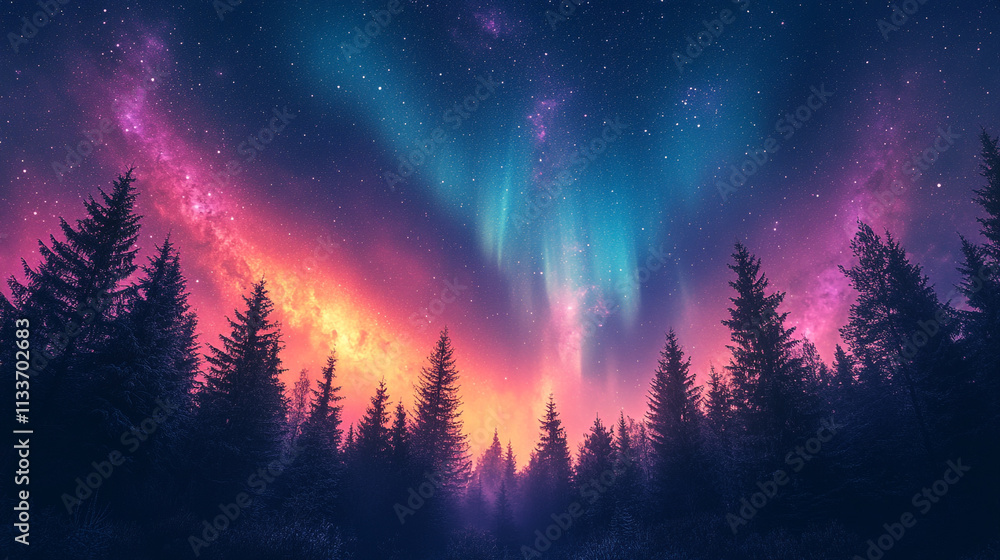 Fototapeta premium Magical Night Sky Aurora Borealis over Winter Forest
