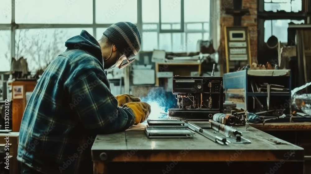 Man worker working with a metal product and welding it with a arc welding machine in a workshop. Industrial manufacturing. Man worker working with a metal product and welding it with a arc welding machine in a workshop. Industrial manufacturing.