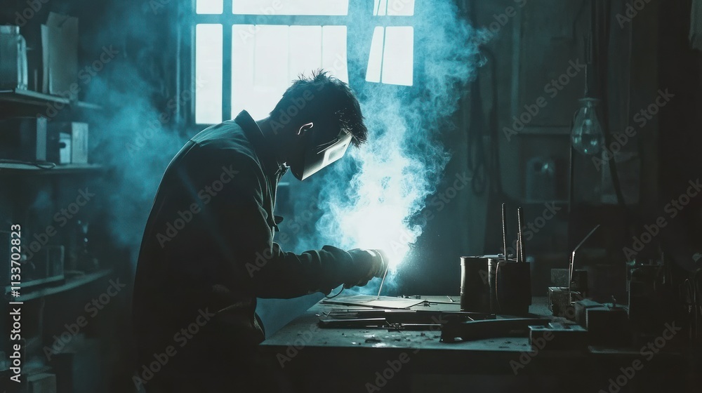 Man worker working with a metal product and welding it with a arc welding machine in a workshop. Industrial manufacturing. Man worker working with a metal product and welding it with a arc welding machine in a workshop. Industrial manufacturing.